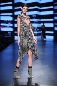 Yak Embroidered Shift Dress in Black & White Printed  Asymmetrical Hem Dress - Saaj By Ankita