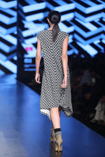 Load image into Gallery viewer, Yak Embroidered Shift Dress in Black &amp; White Printed  Asymmetrical Hem Dress - Saaj By Ankita
