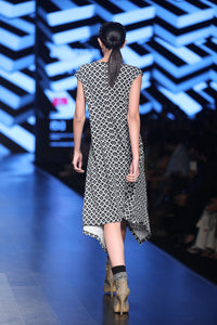 Yak Embroidered Shift Dress in Black & White Printed  Asymmetrical Hem Dress - Saaj By Ankita