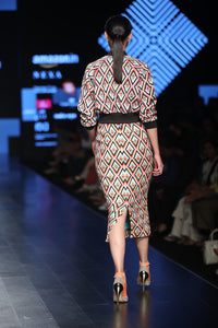 Handwoven Cotton in Geometric Pattern Calf-Length Sheath Dress - Saaj By Ankita