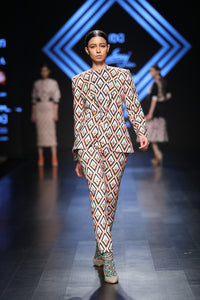 Handwoven Cotton in Geometric Pattern Tuxedo Pant-Suit - Saaj By Ankita