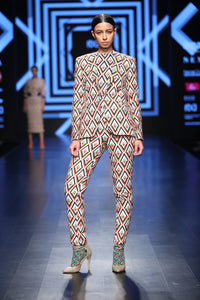 Handwoven Cotton in Geometric Pattern Tuxedo Pant-Suit - Saaj By Ankita