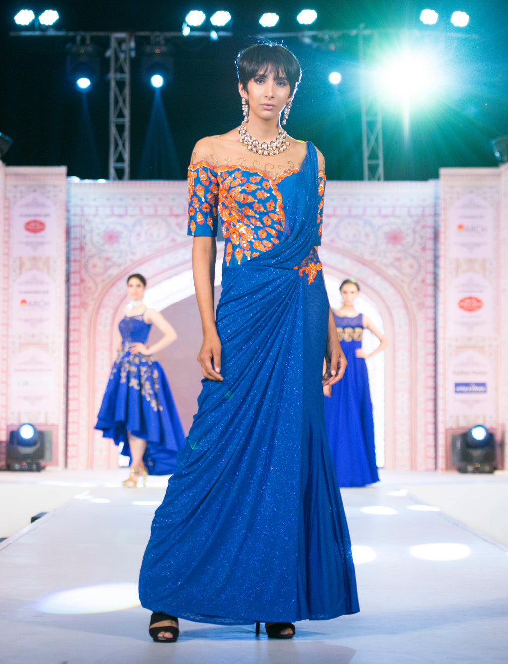 Glittery Blue Sari-Gown with multicolour embroidery - Saaj By Ankita