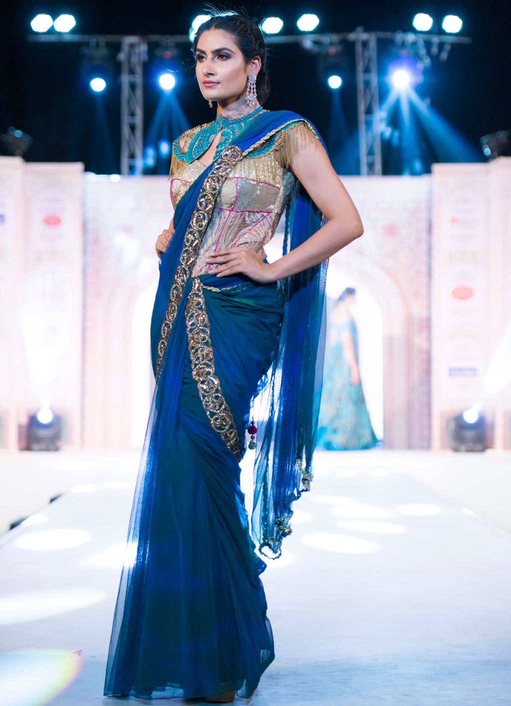 Ombre Sari Gown with Beaded Collar - Saaj By Ankita