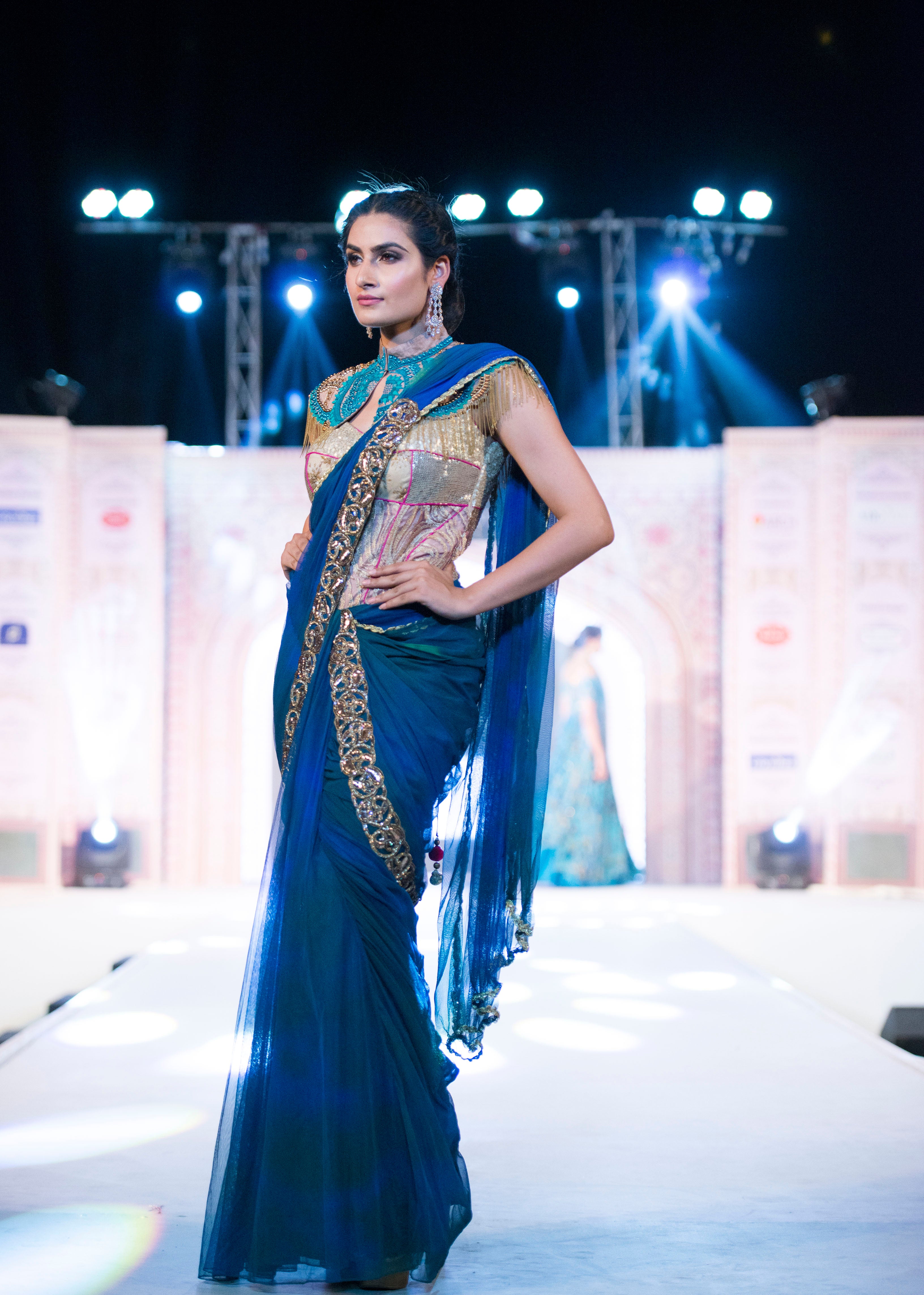 Ombre Sari Gown with Beaded Collar - Saaj By Ankita