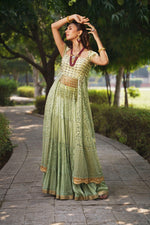 Load image into Gallery viewer, Back Trail Chikankari embroidered Choli with Tiered Lehenga - Saaj By Ankita
