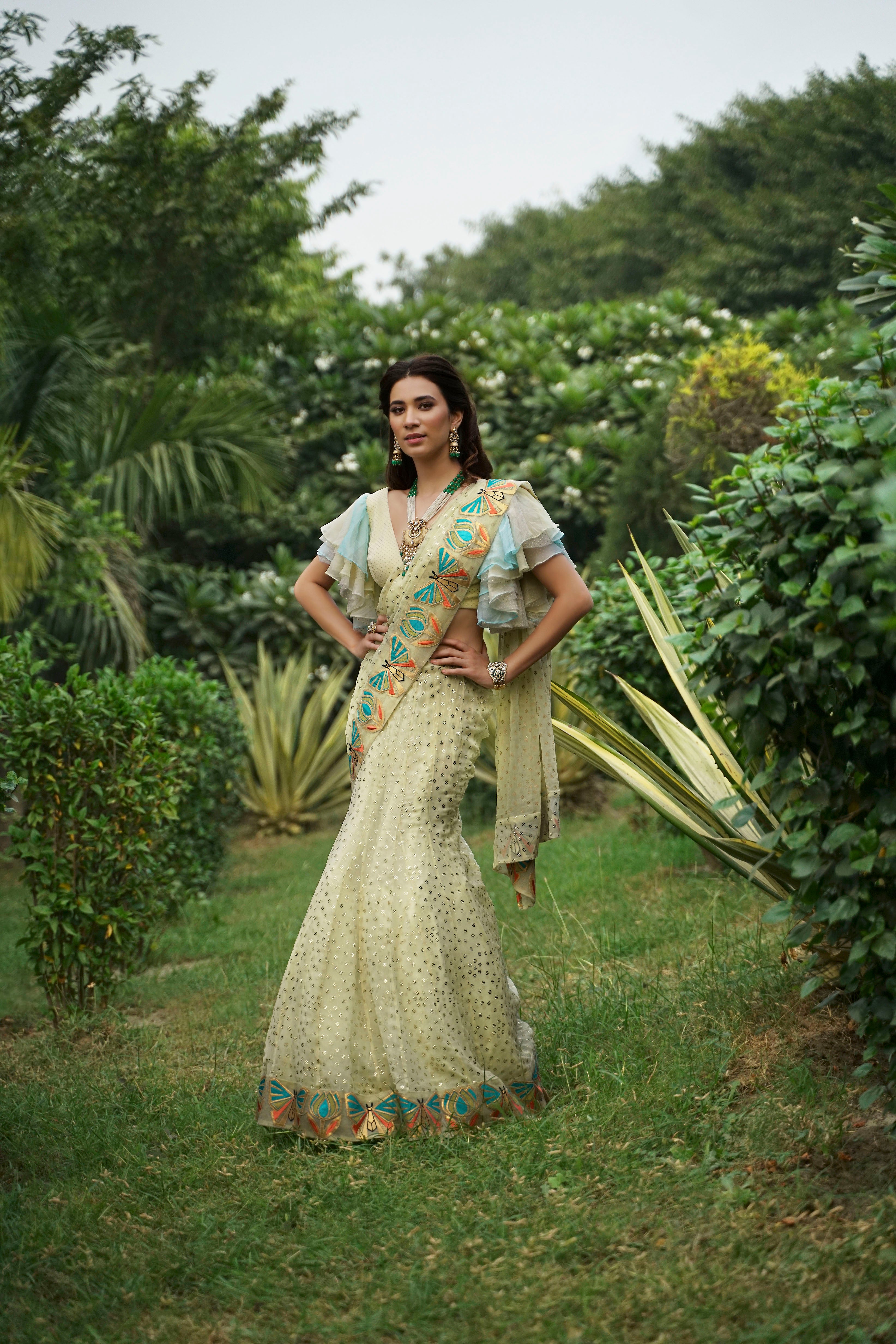 Butterfly Border Kali-Saree with Ruffle sleeves Blouse - Saaj By Ankita