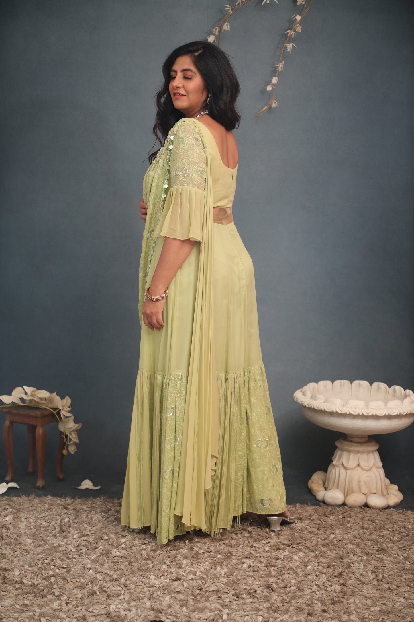Green Anarkali Saree Outfit