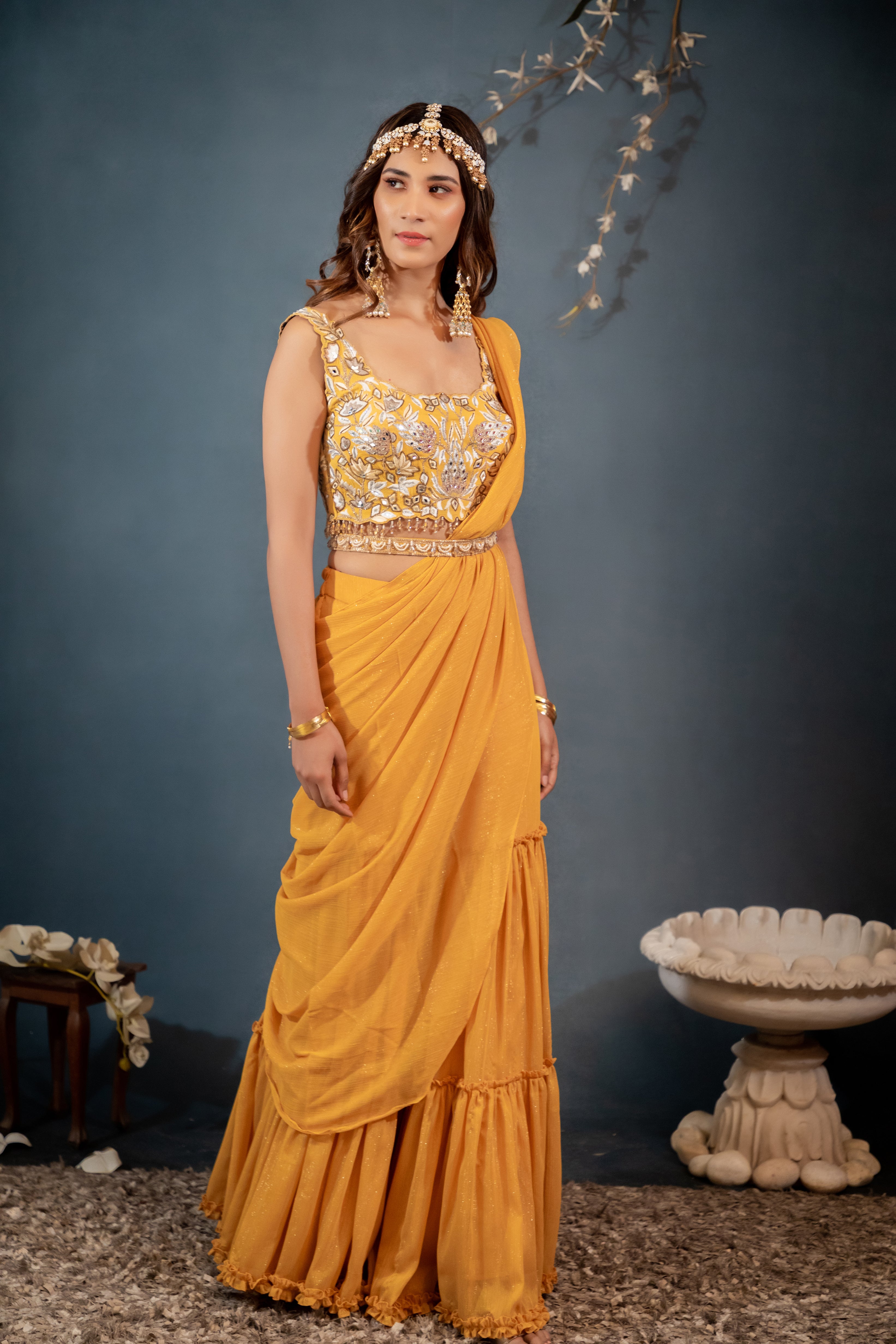 Anvi Designs - Traditional Saree gown 👗 with matching belt... | Facebook