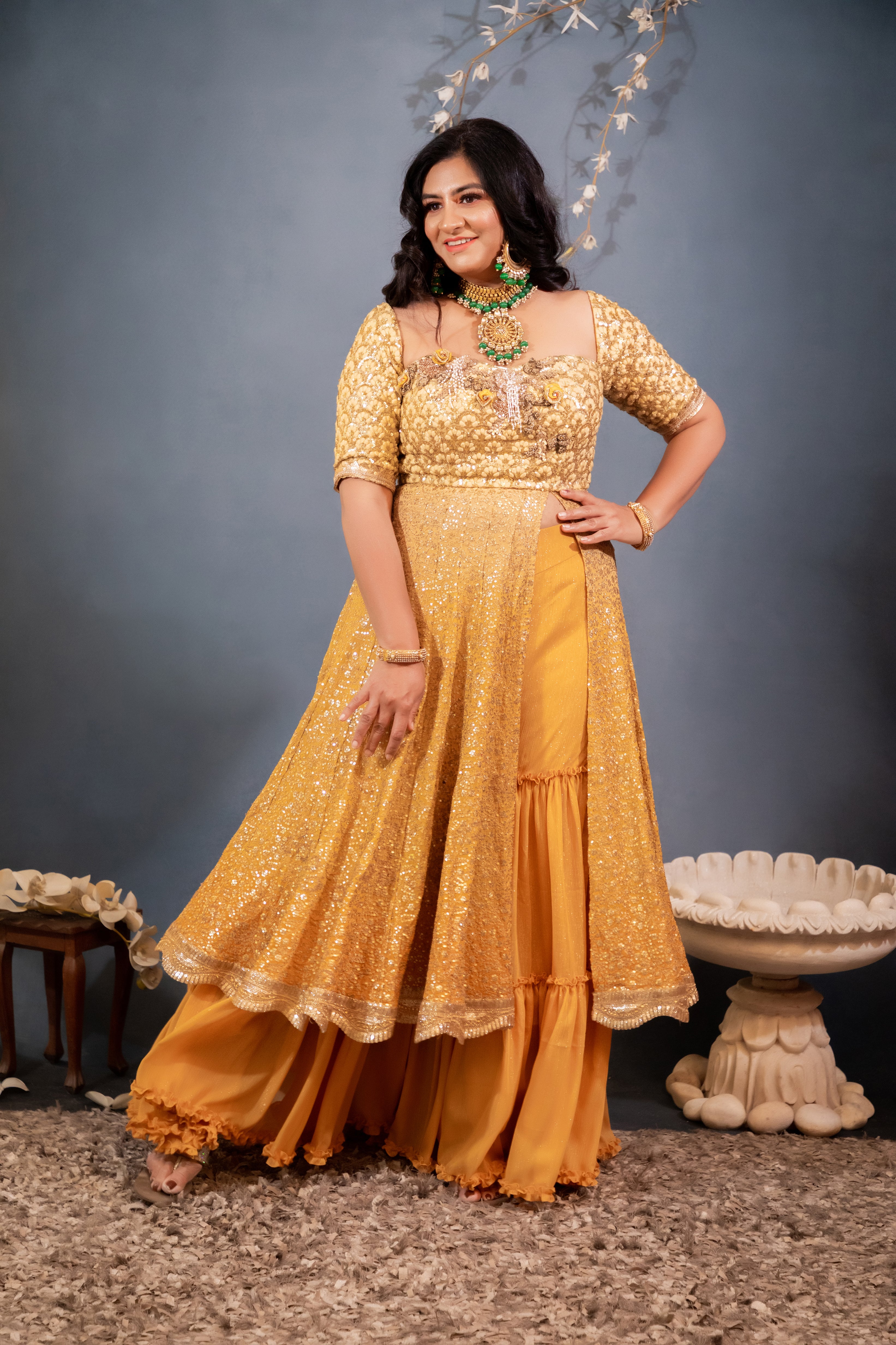 Buy Yellow Anarkali Raw Silk Embroidery Cutdana Deep Round Sharara Set For  Women by Two Sisters By Gyans Online at Aza Fashions.