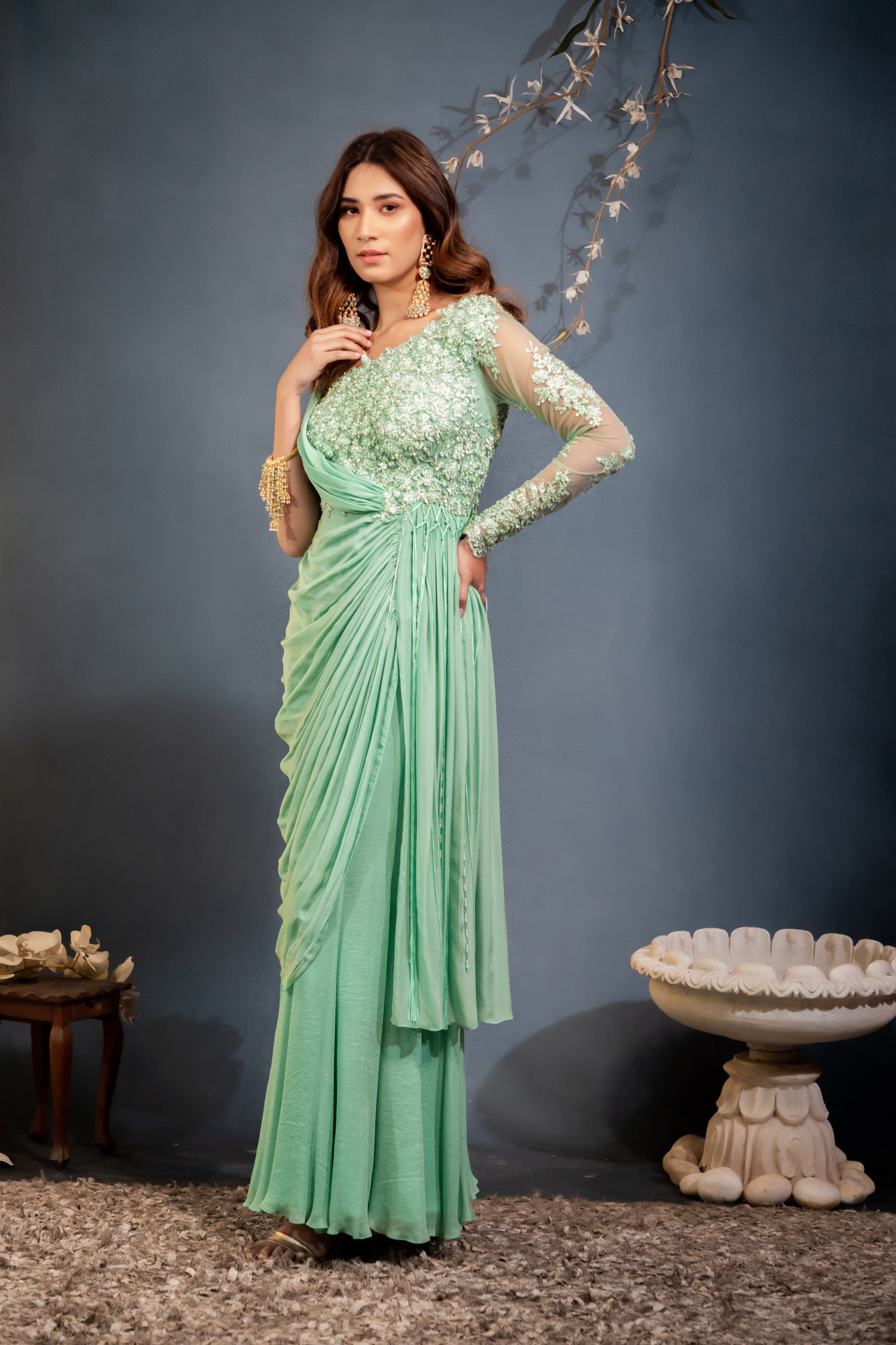 Buy Grey Satin Organza Embroidery Resham Leaf Neck Saree Gown For Women by  House of Tushaom Online at Aza Fashions.