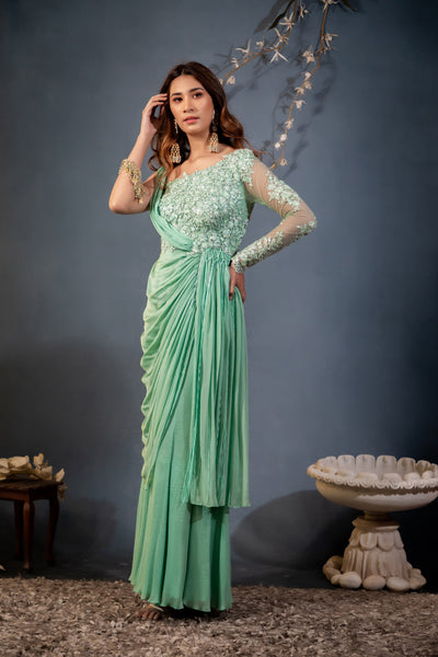 Buy Checks Tassel Draped Saree Gown with a Heavily Embroidered Jacket