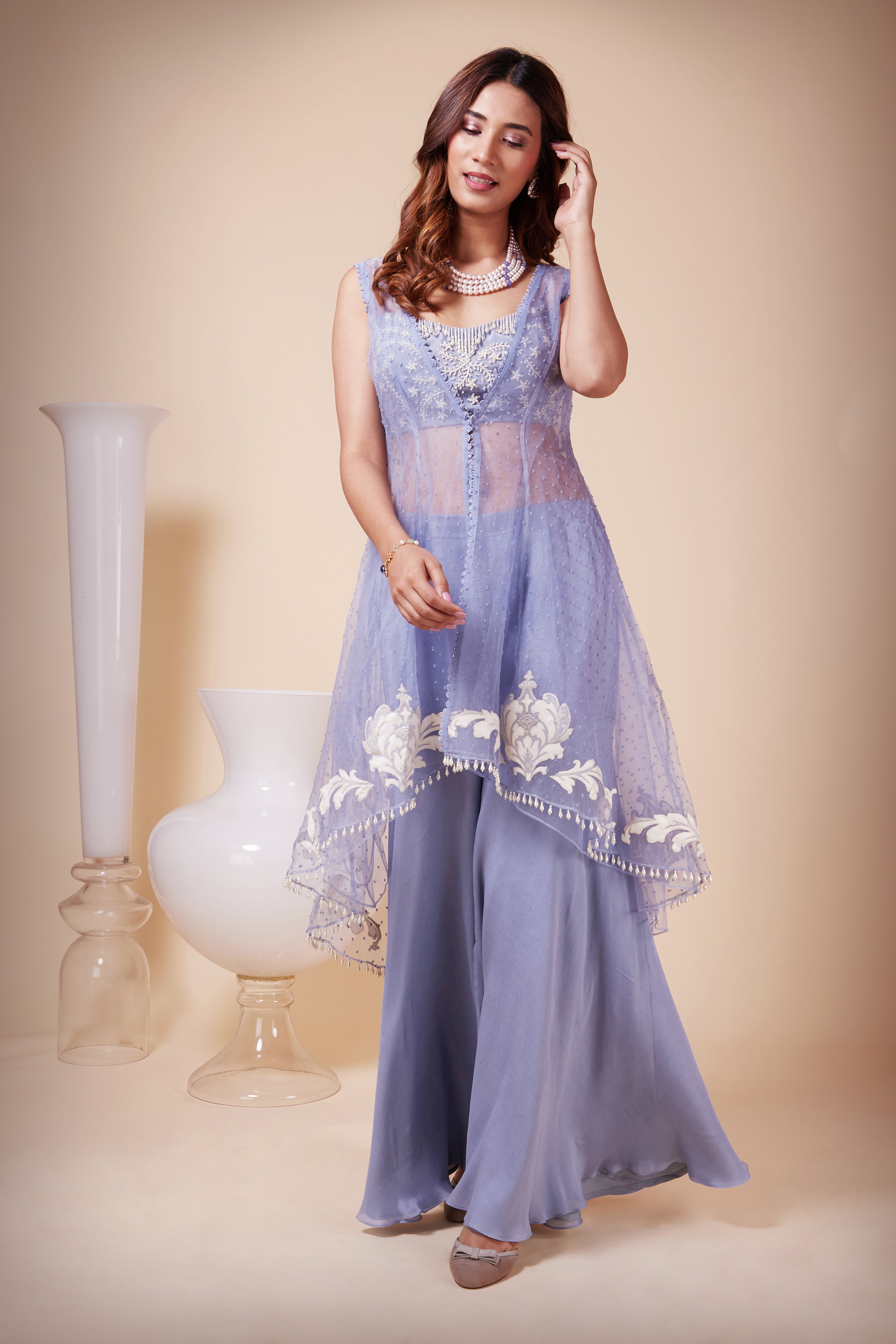 Sky Blue Organza Jacket with Crop Top & Sharara Pants UK Size 10 / Peach