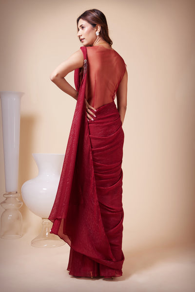 Deep Red and Mustard Pleated Saree Dress - Mogra Designs