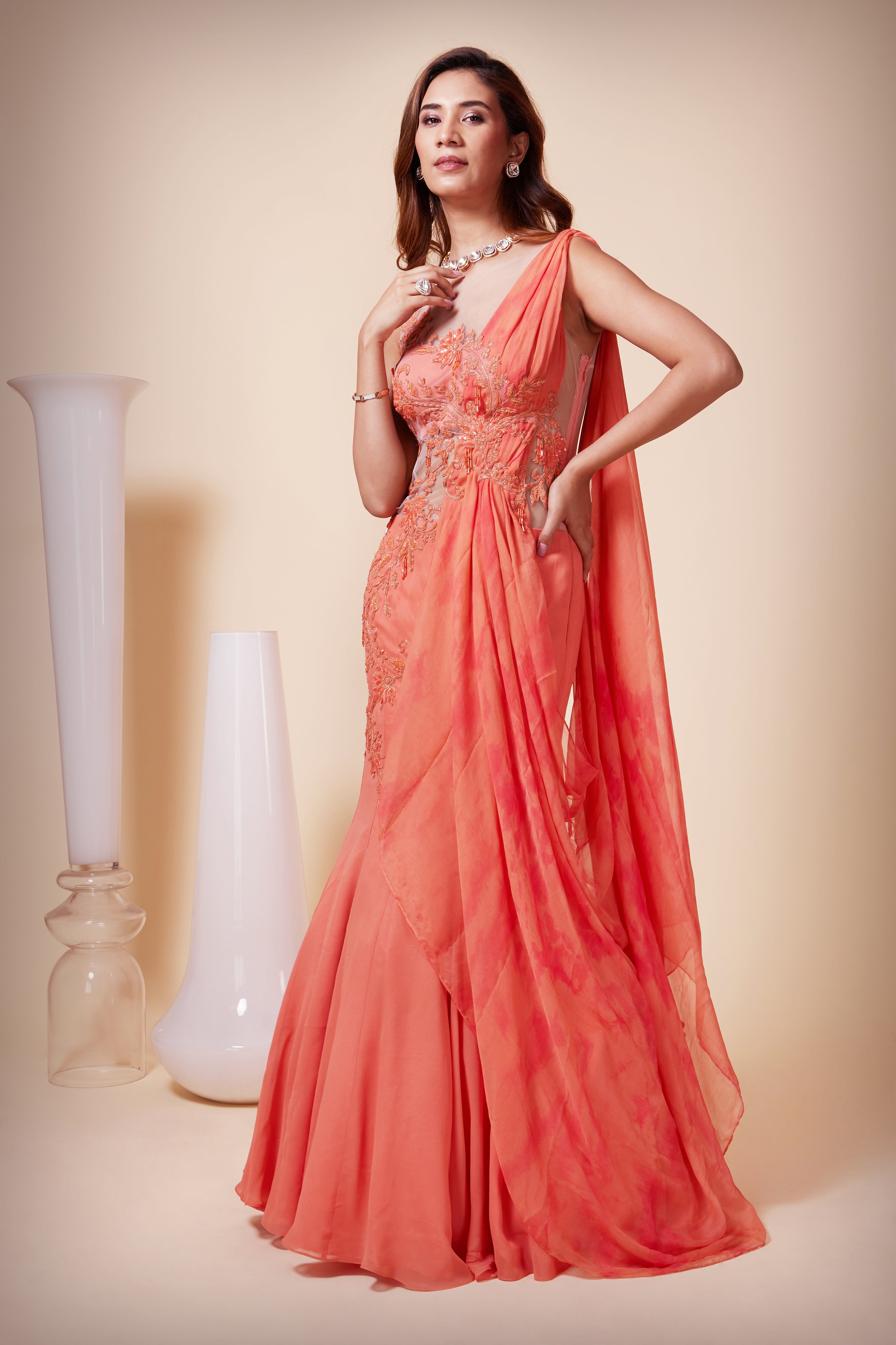 Saree gown in silk chiffon with embroidered yoke by Inaayat | The Secret  Label