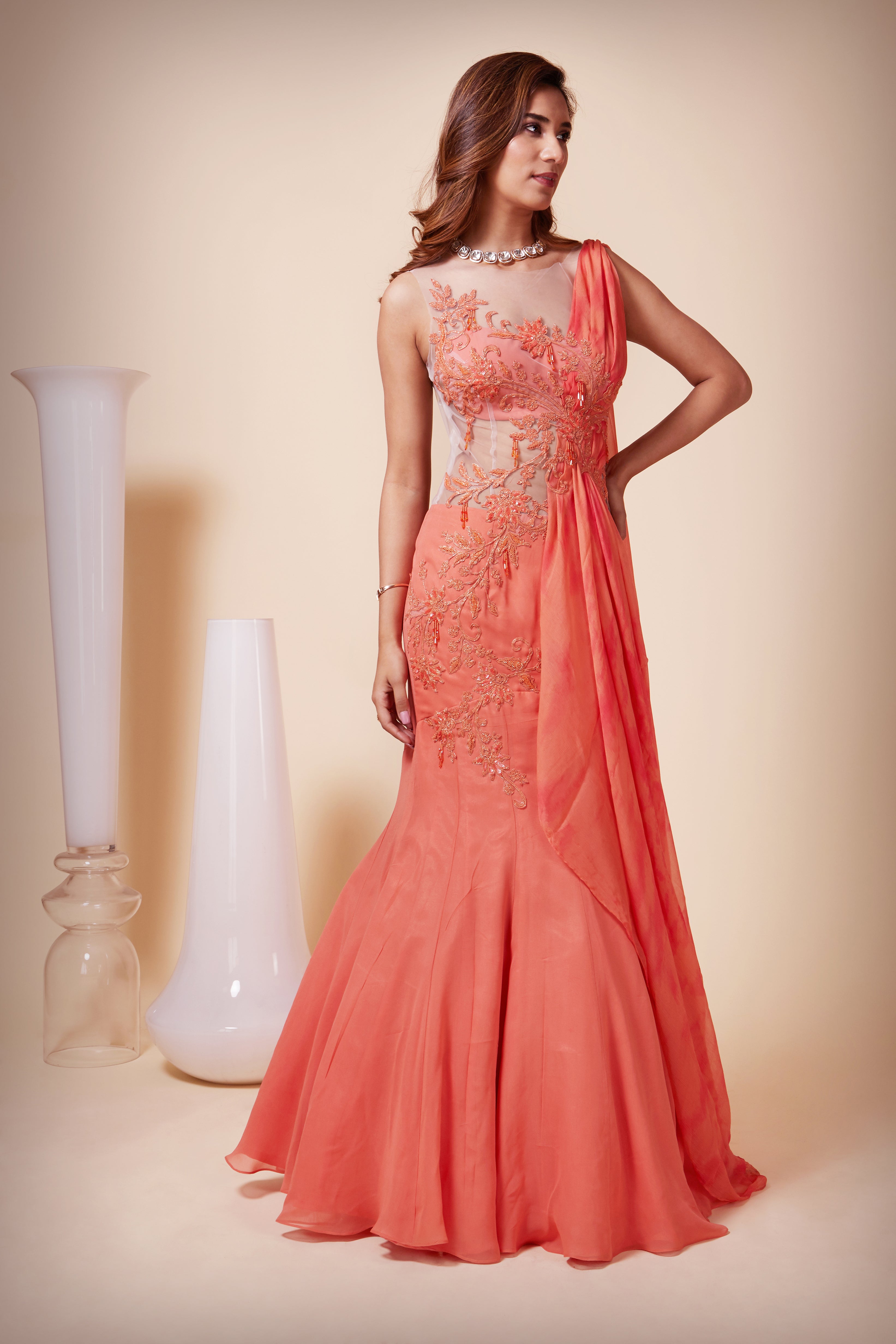 Beige Color Designer Saree Gown Online – Panache Haute Couture