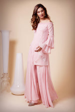 Load image into Gallery viewer, Off-Shoulder Uneven Hem Shirt with Sharara Pants
