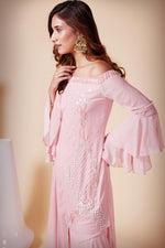 Load image into Gallery viewer, Off-Shoulder Uneven Hem Shirt with Sharara Pants
